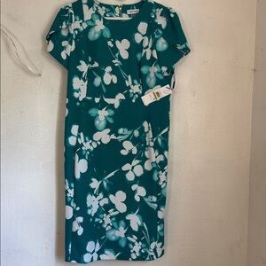 Calvin Klein Teal and White Floral Midi Dress size 14